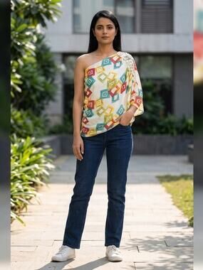 Monaco USA Beaded Geometric One Shoulder Top Women  See Measurements